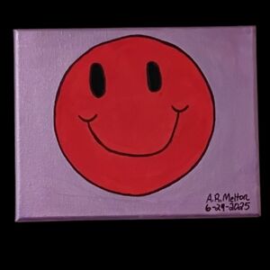 Handmade Handpainted Red Smiley Face Acrylic Painting On Stretched Canvas 8x10"
